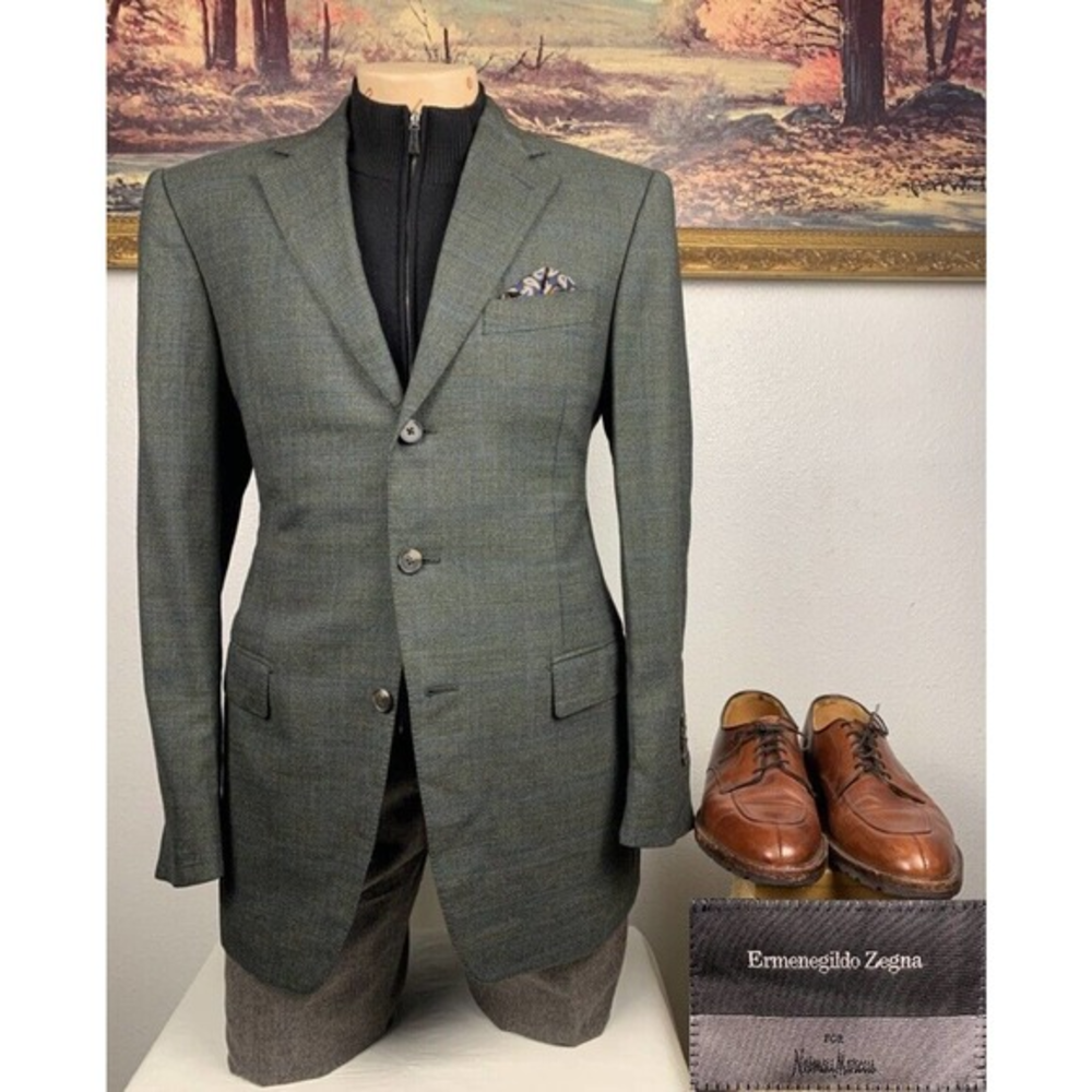 40R Ermenegildo Zegna Green Check Sport Coat - Suit Jacket - Picture 1 of 14